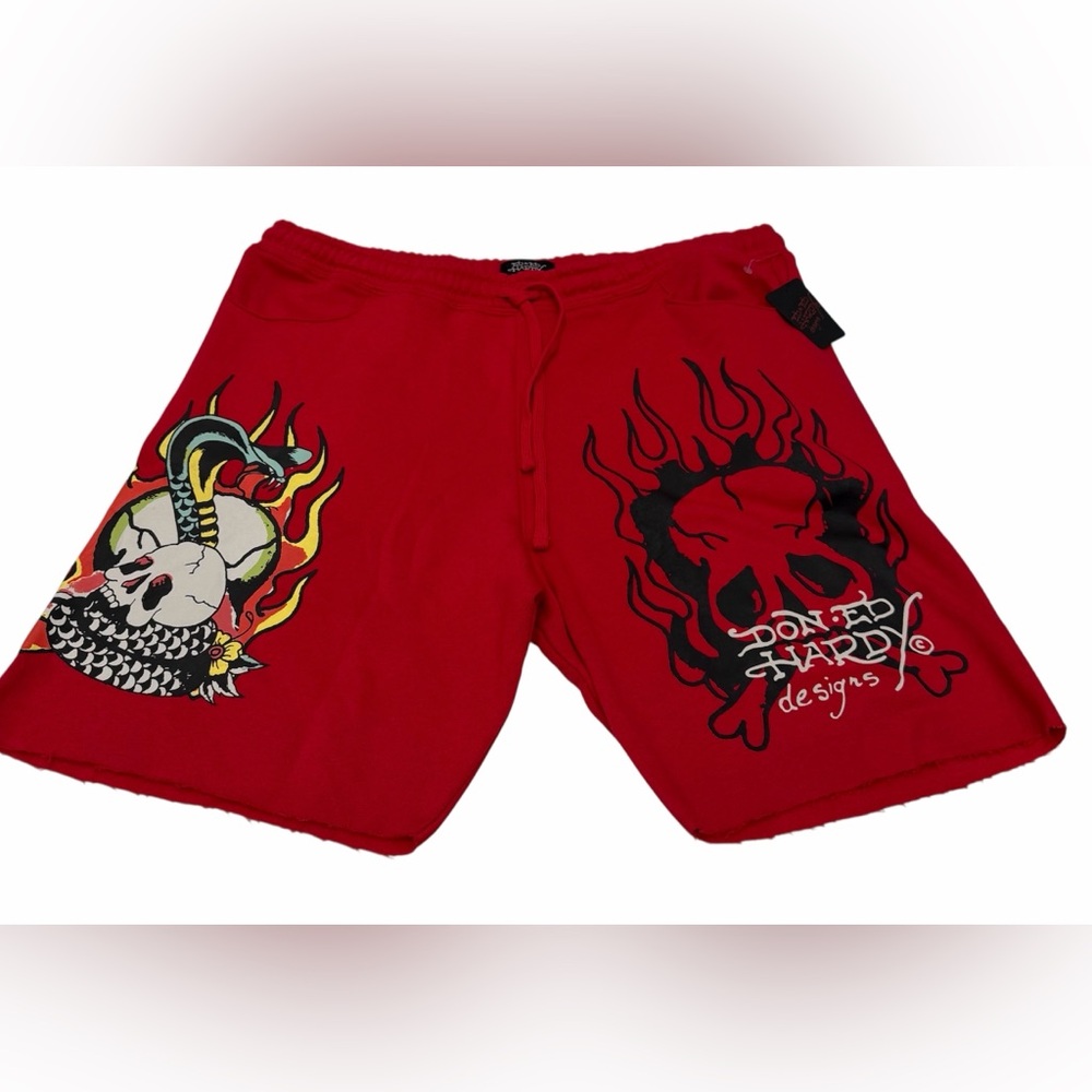 Ed‎ Hardy Men's Skull Flame Sweat Shorts Red Color Size L NWT
